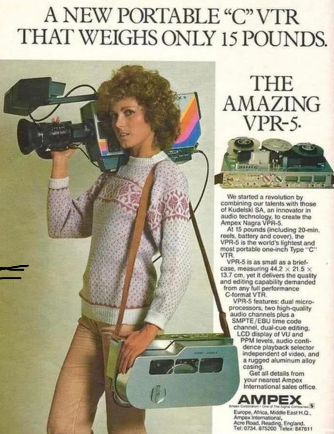 An ad fo Ampex’s portable “’C’VTR” that weighed “only 15 pounds” 